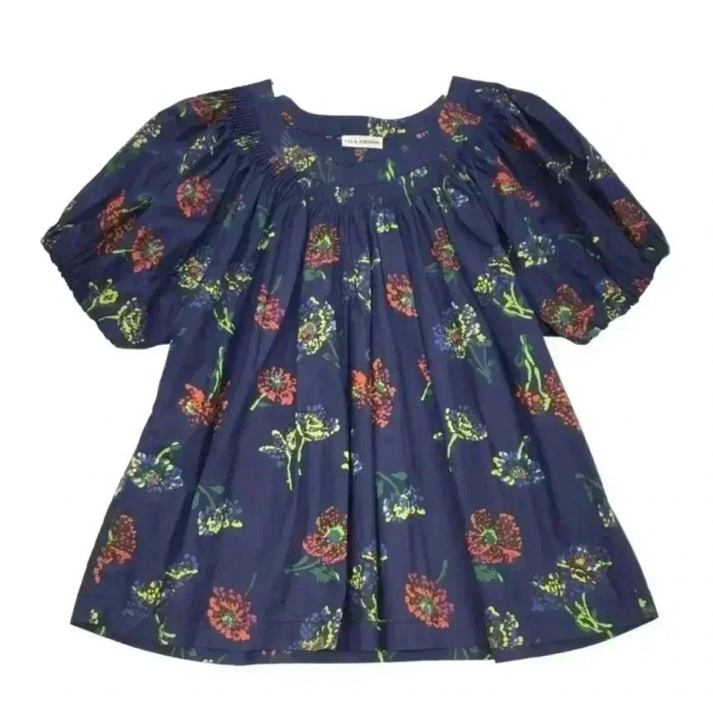 Ulla Johnson Joelle Poplin Puff Sleeve Midnight Blue Floral Top Blouse Size 0 XS - Picture 5 of 9